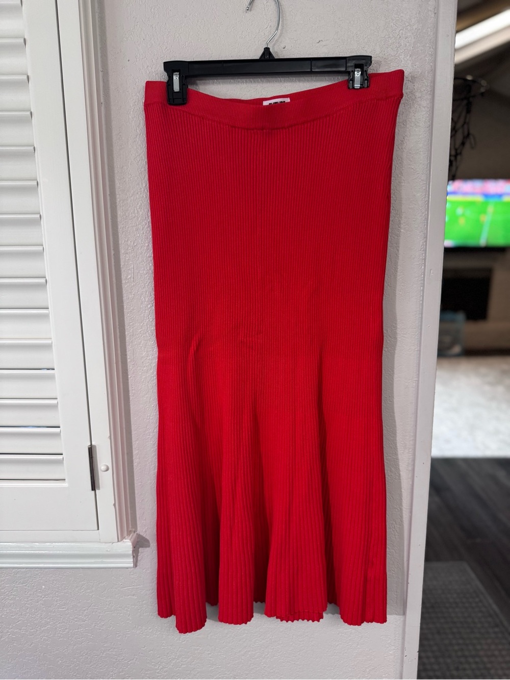 Future Collective Stretch Ribbed Red Midi Skirt with Flared Hem